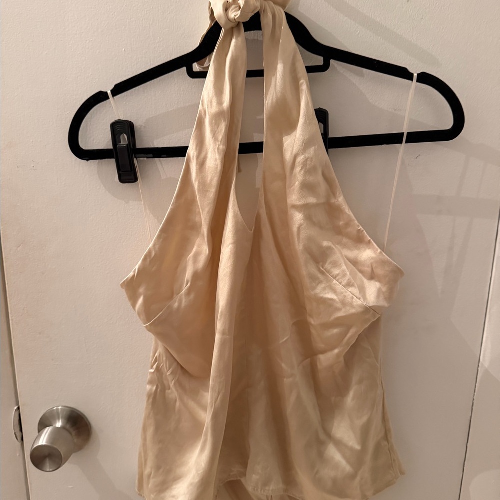 Reformation Cream Ivory Satin Open Back Halter Top Size 12
